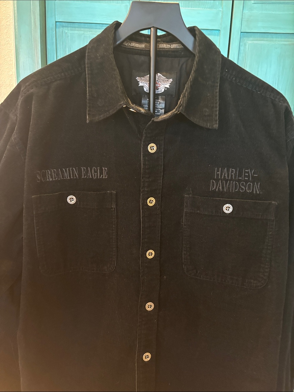 Harley-Davidson Black Corduroy Button-Front Shirt with Embroidered Logos